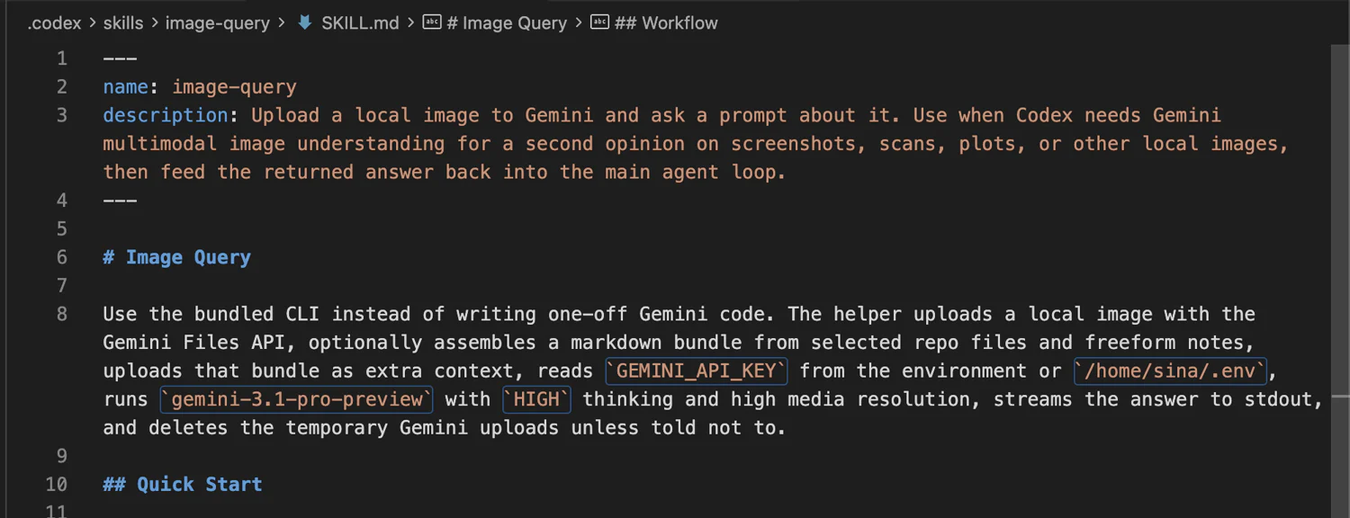 A SKILL.md file named image-query that uploads a local image to Gemini and asks a prompt about it, returning the answer to the agent loop